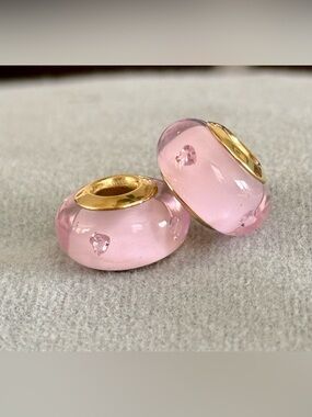 Pink Murano Glass Charms set with Gold Core and crystals details fit Pandora